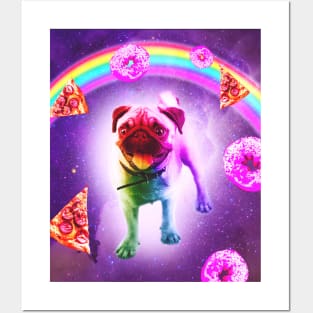 Rainbow Space Pug With Pizza And Doughnut Posters and Art